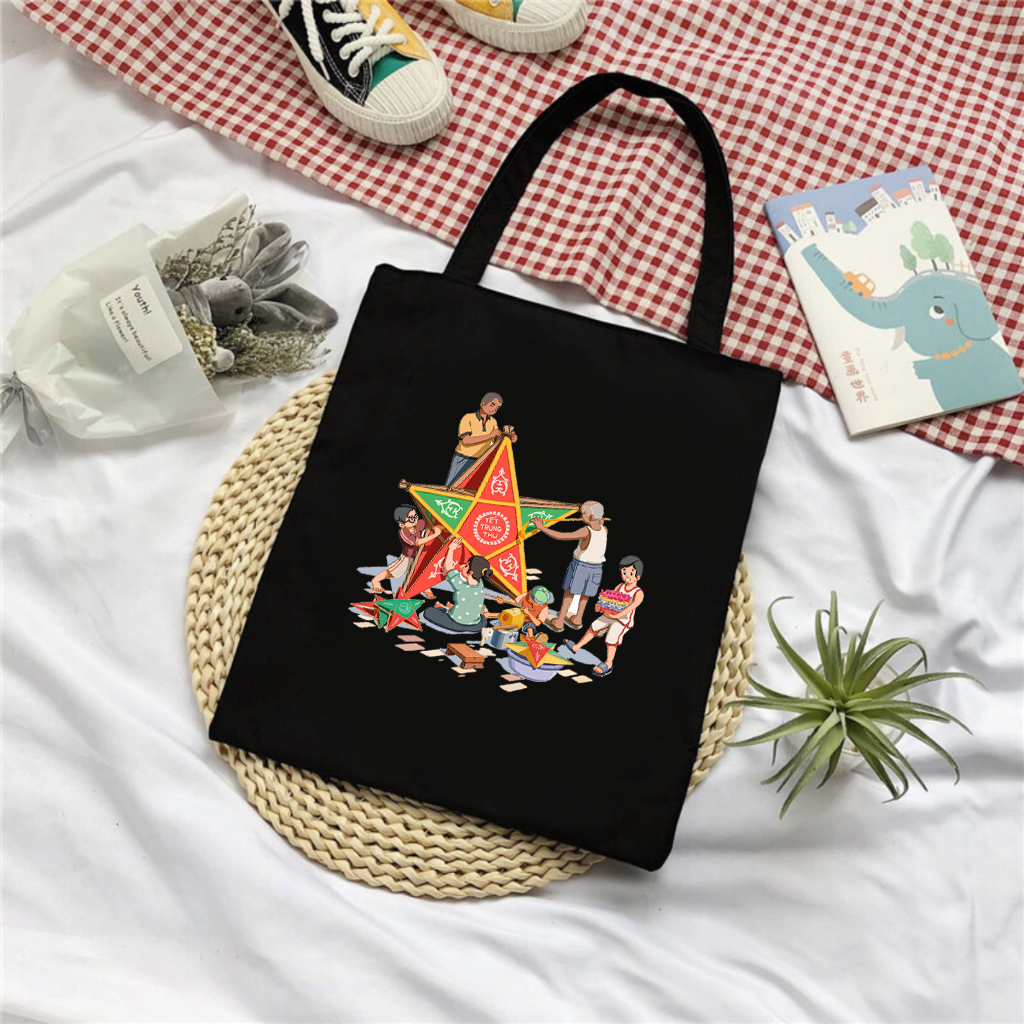 Túi tote có khóa làm đèn ông sao vui trung thu túi vải canvas đeo vai đi chơi kích thước 35x40cm tota0243