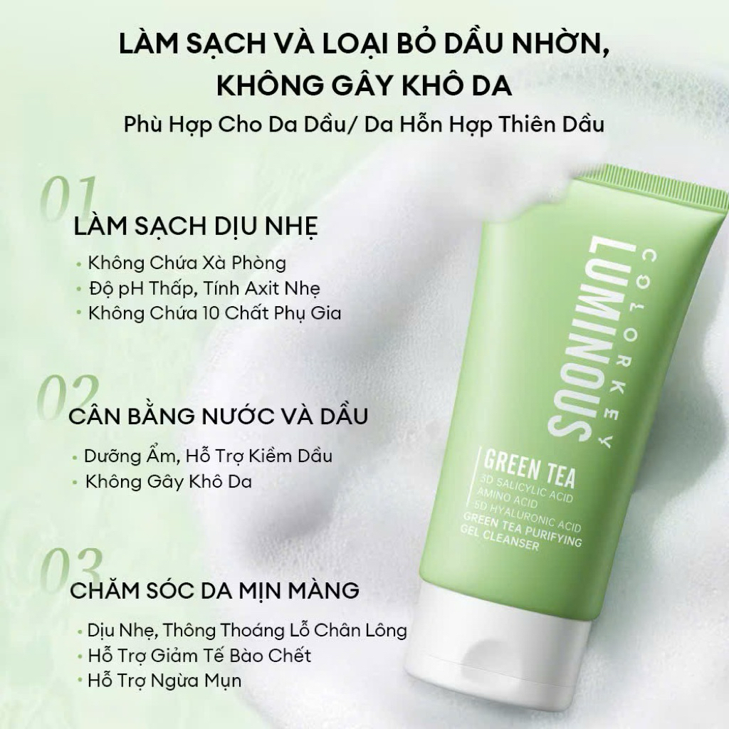 Sữa Rửa Mặt Trà Xanh LUMINOUS Làm Sạch Sâu Kiểm Soát Dầu Nhờn Dịu Nhẹ Cho Da Dầu, Da Hỗn Hợp100ml(tặng mood rửa mặt)