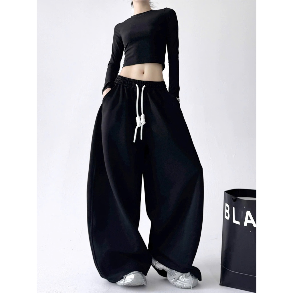 Quần nỉ ống rộng PEAR.CLUB, quần ống siêu rộng phối dây BIGSIZE mặc mùa hè đi biển nhảy dance, cá tính ghi xám Q128 | BigBuy360 - bigbuy360.vn