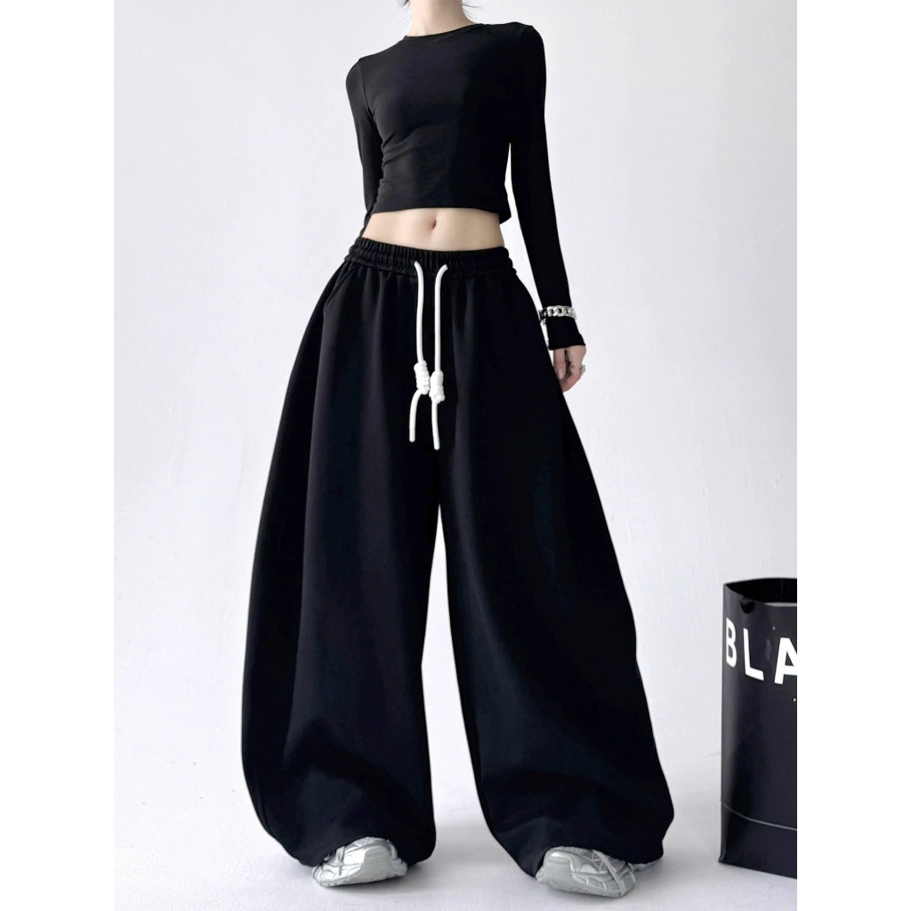 Quần nỉ ống rộng PEAR.CLUB, quần ống siêu rộng phối dây BIGSIZE mặc mùa hè đi biển nhảy dance, cá tính ghi xám Q128 | BigBuy360 - bigbuy360.vn
