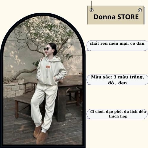 đồ bộ nữ thu đông ,áo hoodie nữ form rộng dày phối quần suông cạp chun 3 màu đỏ kem đen Donna hcom3693