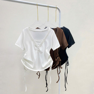 Áo Kiểu Bigsize Nữ Ôm Body Cổ Tim Tay Ngắn Phối Dây Rút Hai Bên Che Bụng Tôn Dáng A309