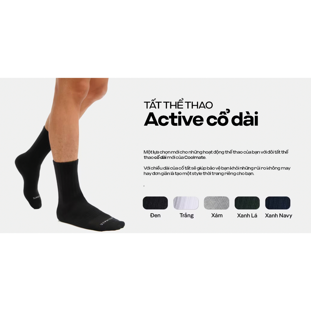 [MUA 2 GIẢM 5%]Combo 2 Tất thể thao active cổ dài thấm hút tốt Coolmate