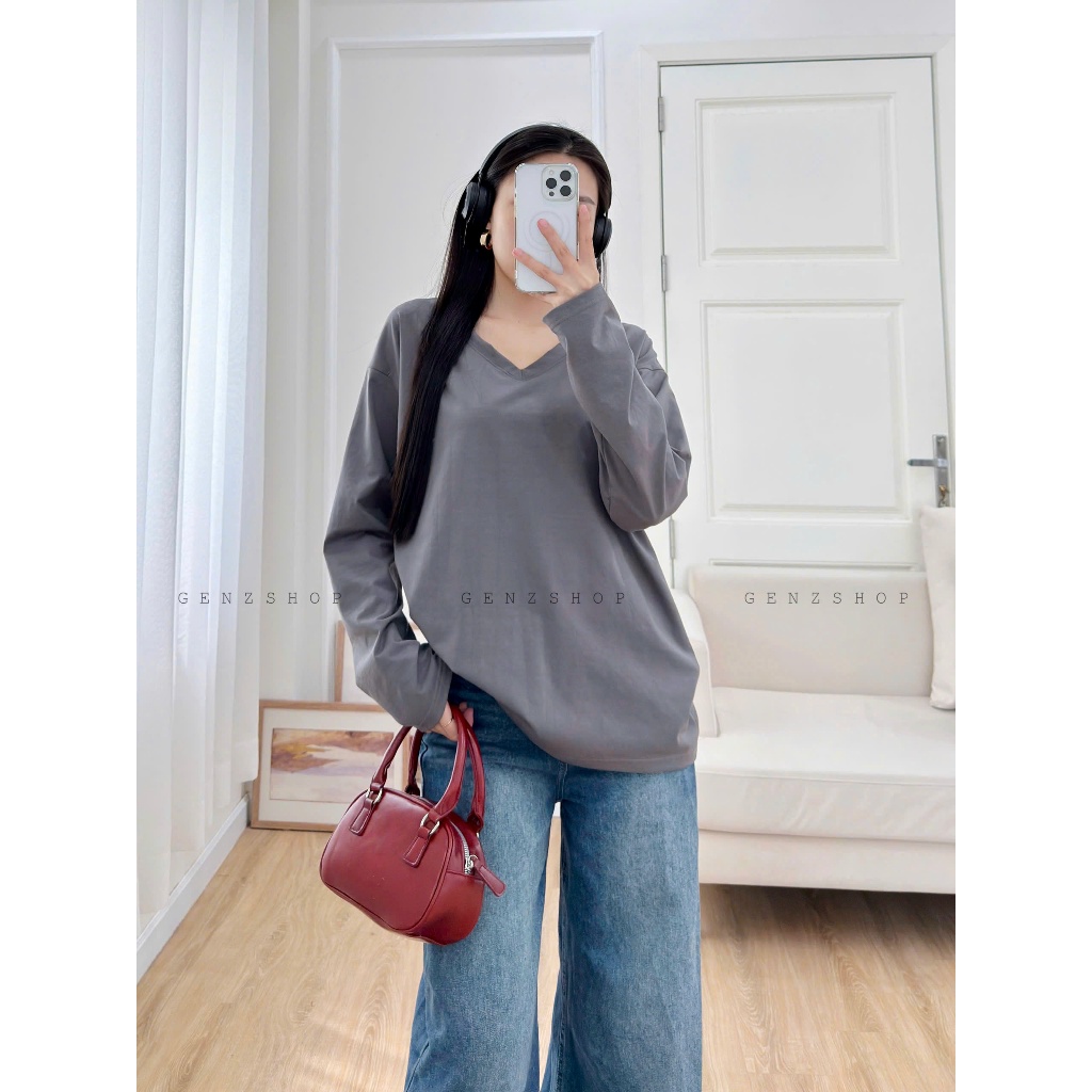 ÁO THUN TAY DÀI CỔ TIM TRƠN FORM RỘNG DỄ PHỐI ĐỒ CHẤT VẢI CO GIÃN ĐẸP OVESIZE<72KG