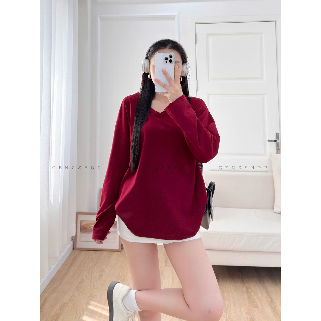 ÁO THUN TAY DÀI CỔ TIM TRƠN FORM RỘNG DỄ PHỐI ĐỒ CHẤT VẢI CO GIÃN ĐẸP OVESIZE<72KG