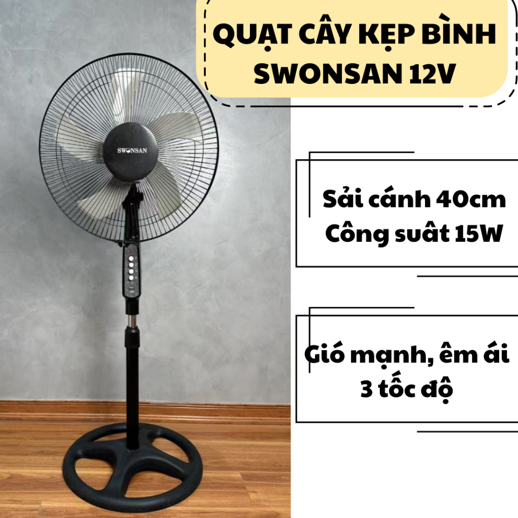 Quạt SWONSAN 12V Chính Hãng – 3 Tốc Độ Gió, Có Cổng USB, Dùng Điện 220V Hoặc Bình Ắc Quy