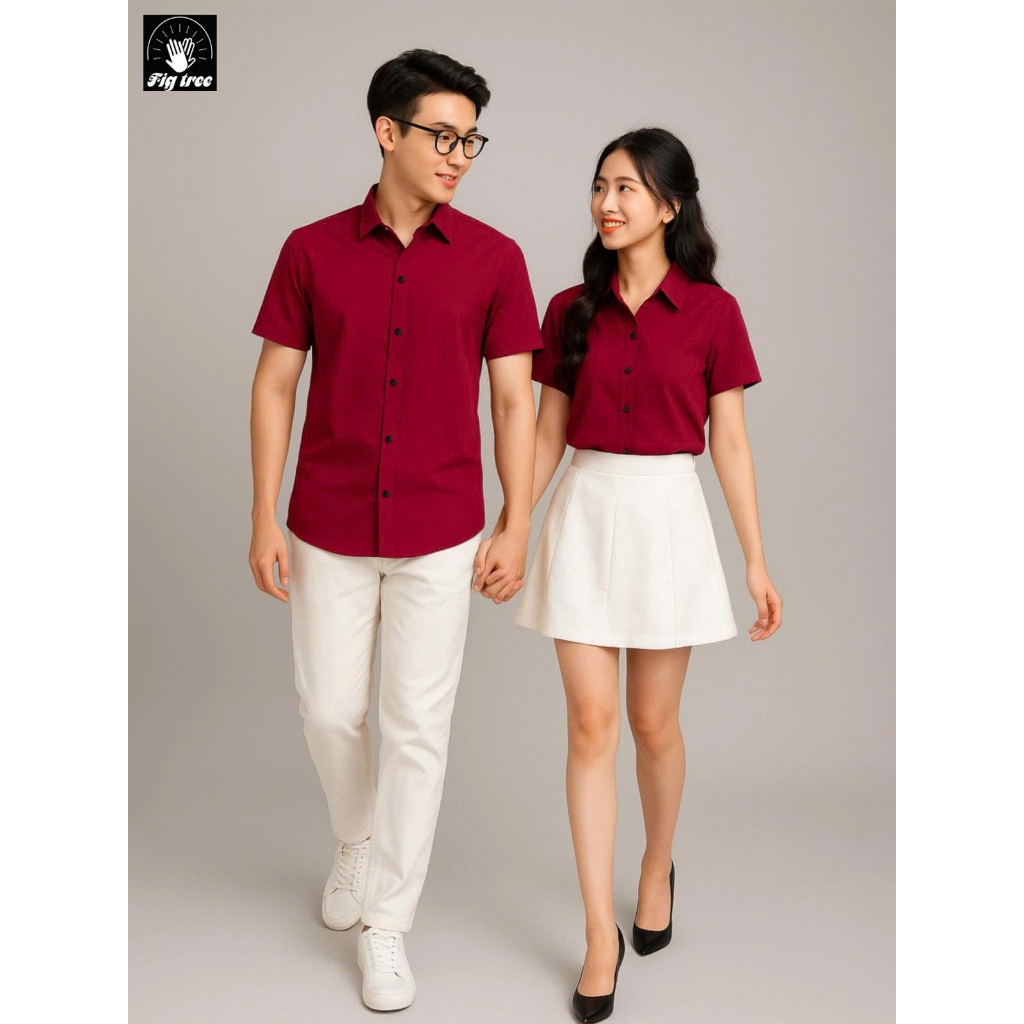 Áo Sơ Mi Đôi Nam Nữ FIG TREE Sơ Mi TAY NGẮN Màu Đỏ Đô Thanh Lịch, Chất Cotton Trơn, Size 40-110kg
