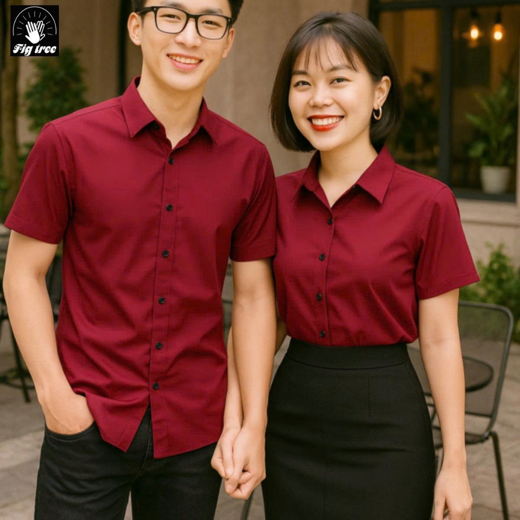 Áo Sơ Mi Đôi Nam Nữ FIG TREE Sơ Mi TAY NGẮN Màu Đỏ Đô Thanh Lịch, Chất Cotton Trơn, Size 40-110kg