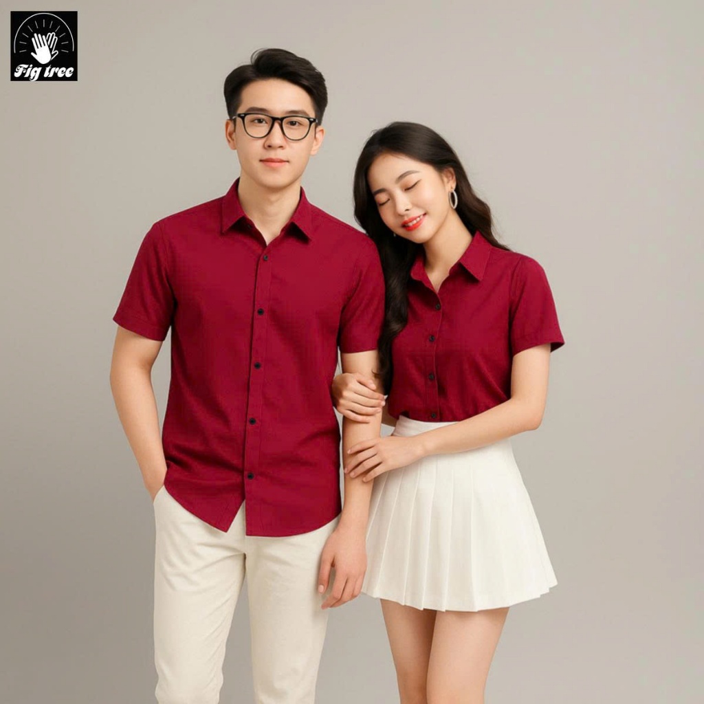 Áo Sơ Mi Đôi Nam Nữ FIG TREE Sơ Mi TAY NGẮN Màu Đỏ Đô Thanh Lịch, Chất Cotton Trơn, Size 40-110kg