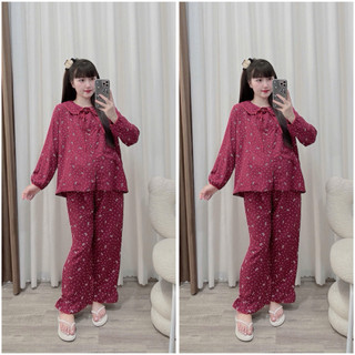 Bộ bầu - bộ sau sinh - BỘ DÀI ĐŨI NHĂN CỔ SEN DẬP LY HÌNH DÂY BUỘC NƠ - 5 Mầu , Áo Có Khoá Kéo & Quần Có Chun Chỉnh