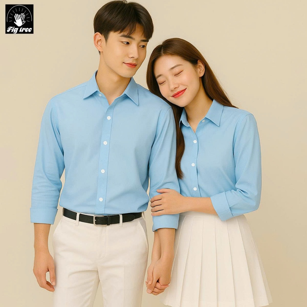 Áo Sơ Mi Cặp Đôi, Sơ Mi Nam Nữ Fig Tree Màu Xanh Nhạt Nhẹ Nhàng, Chất Cotton Trơn, Size 40-110kg