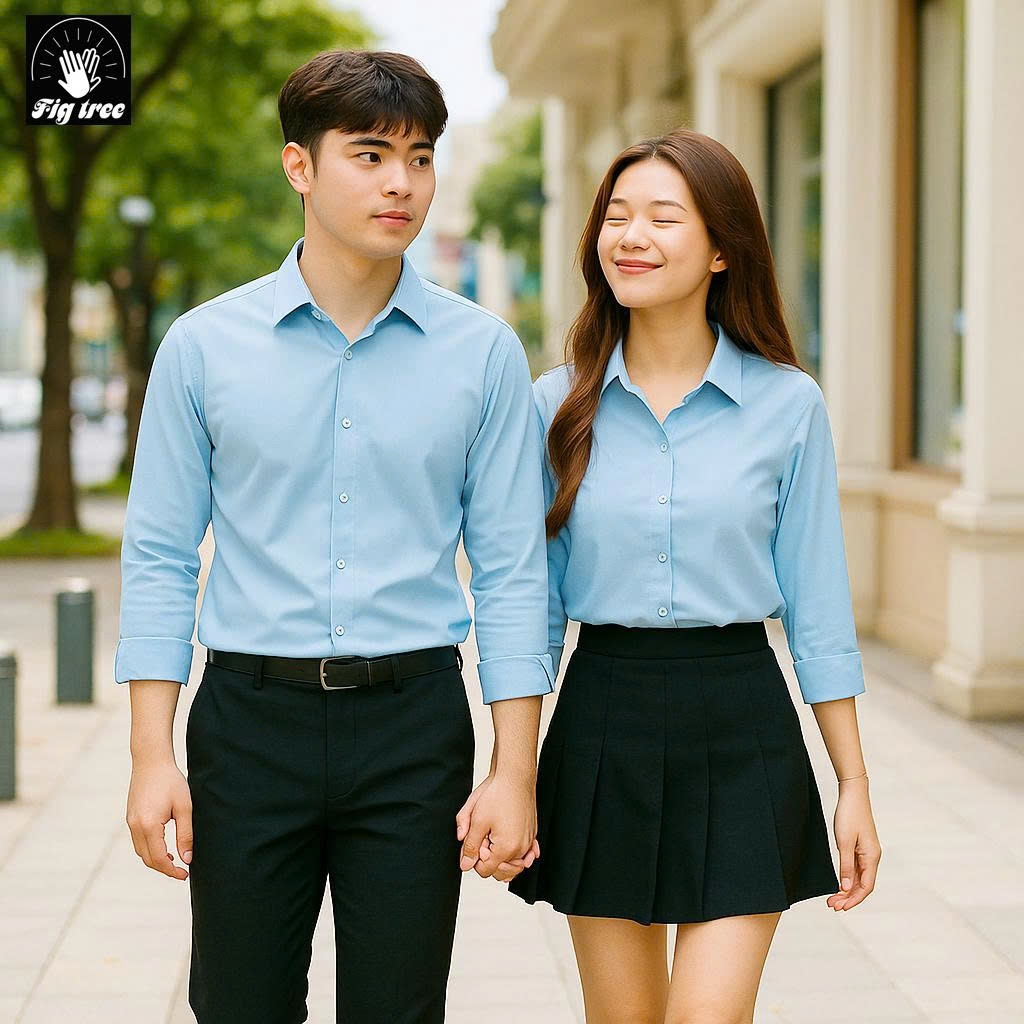 Áo Sơ Mi Cặp Đôi, Sơ Mi Nam Nữ Fig Tree Màu Xanh Nhạt Nhẹ Nhàng, Chất Cotton Trơn, Size 40-110kg