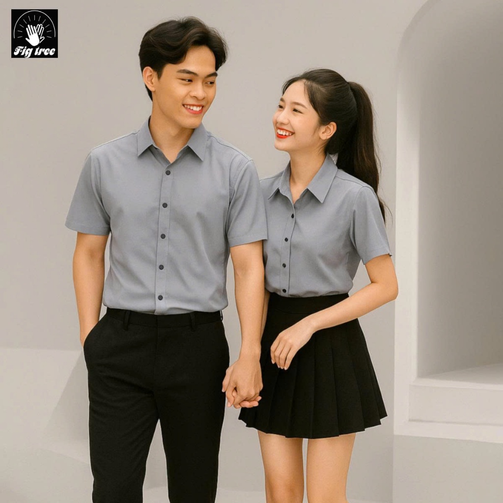 Áo Sơ Mi Cặp Nam Nữ, Đồng Phục Sơ Mi Fig Tree Màu Xám Tay Ngắn, Chất Cotton Trơn, Size 40-110kg