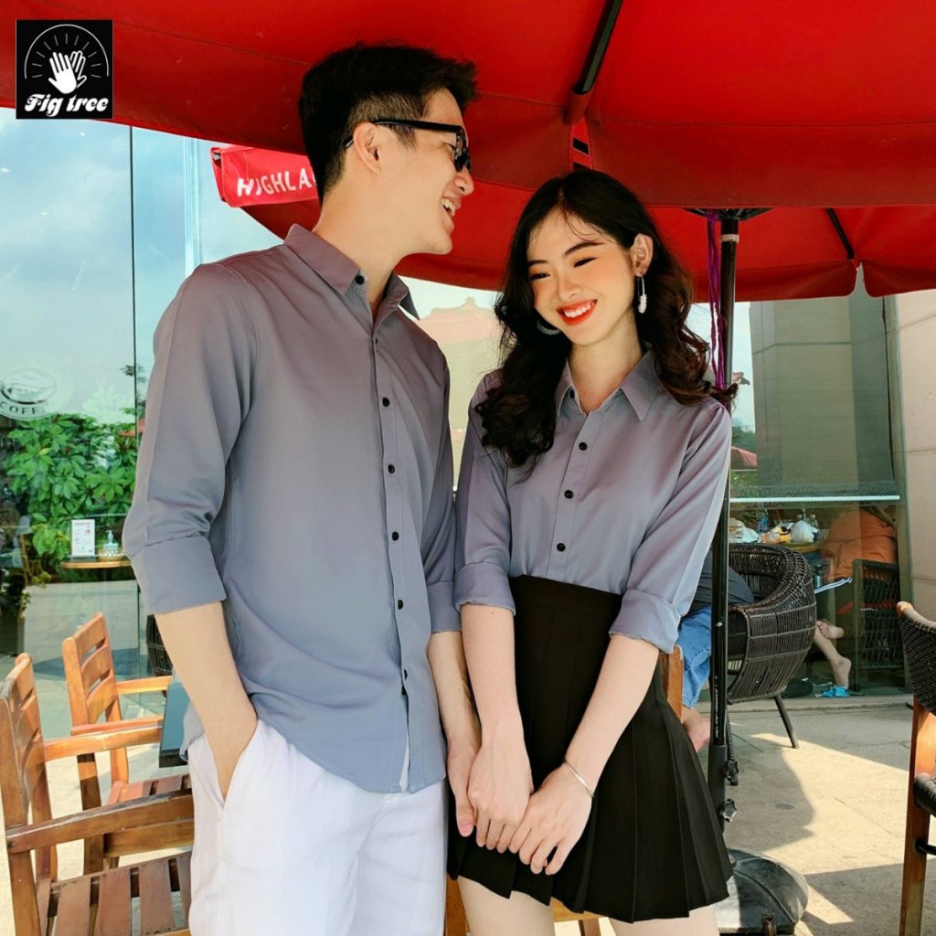 Áo Sơ Mi Cặp Nam Nữ, Đồng Phục Sơ Mi Fig Tree Màu Xám Ghi Cổ Bẻ, Chất Cotton Trơn, Size 40-110kg