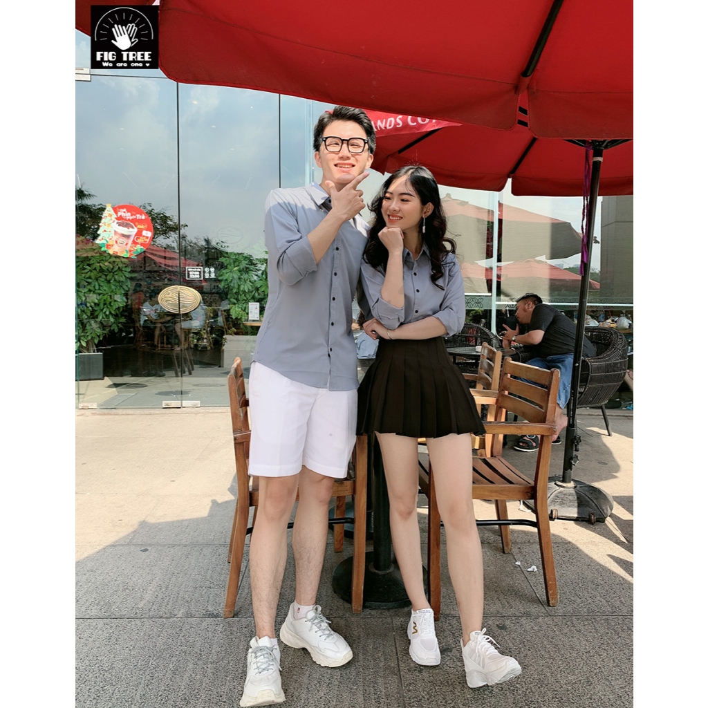 Áo Sơ Mi Cặp Nam Nữ, Đồng Phục Sơ Mi Fig Tree Màu Xám Ghi Cổ Bẻ, Chất Cotton Trơn, Size 40-110kg