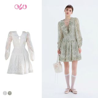 Đầm OLV kiểu voan hoa tay dài cổ V dáng xòe Ebrel thanh lịch nữ tính