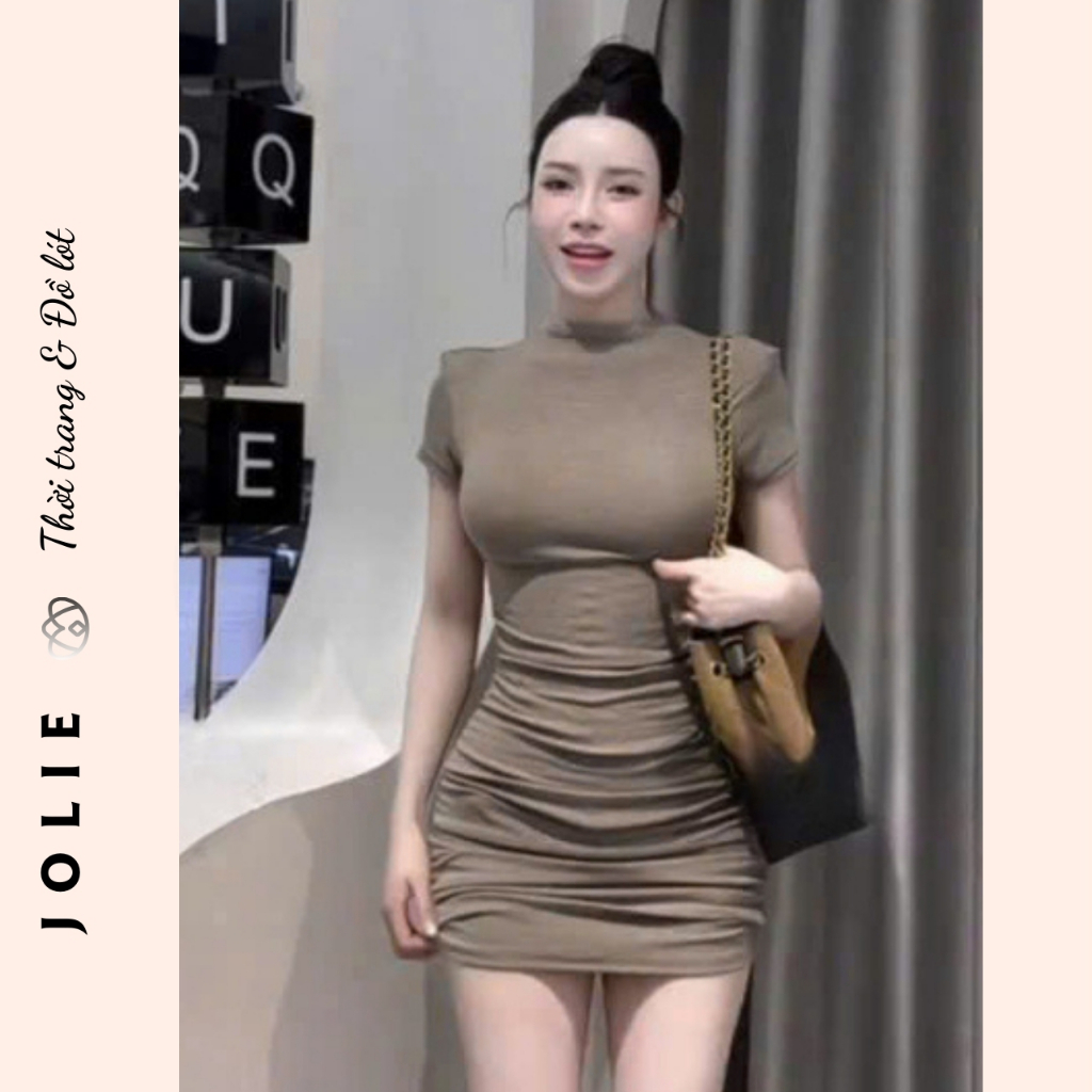 Váy bodycon xếp ly thun gân cổ cao