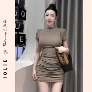 Váy bodycon xếp ly thun gân cổ cao