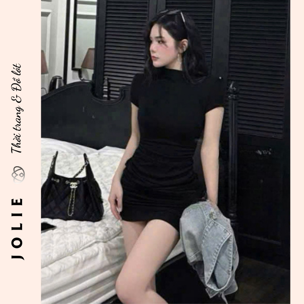 Váy bodycon xếp ly thun gân cổ cao
