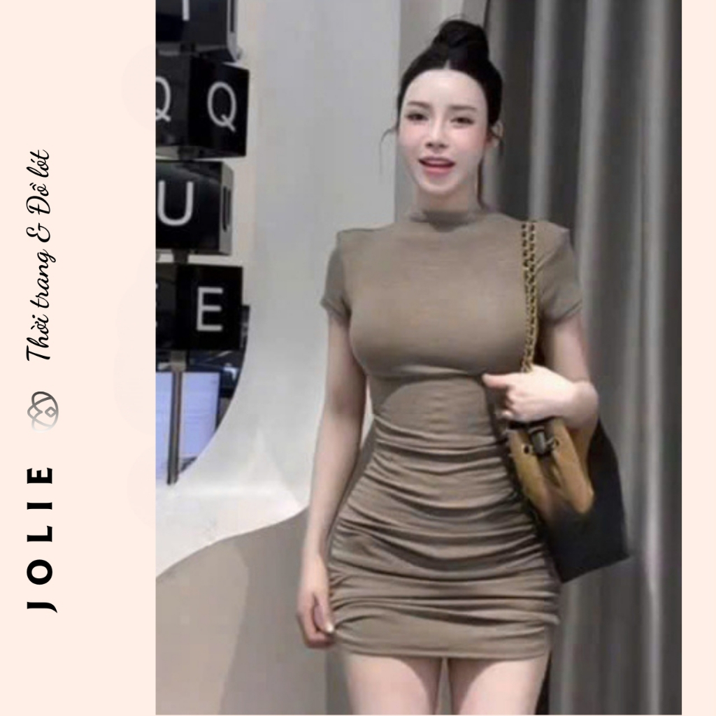 Váy bodycon xếp ly thun gân cổ cao