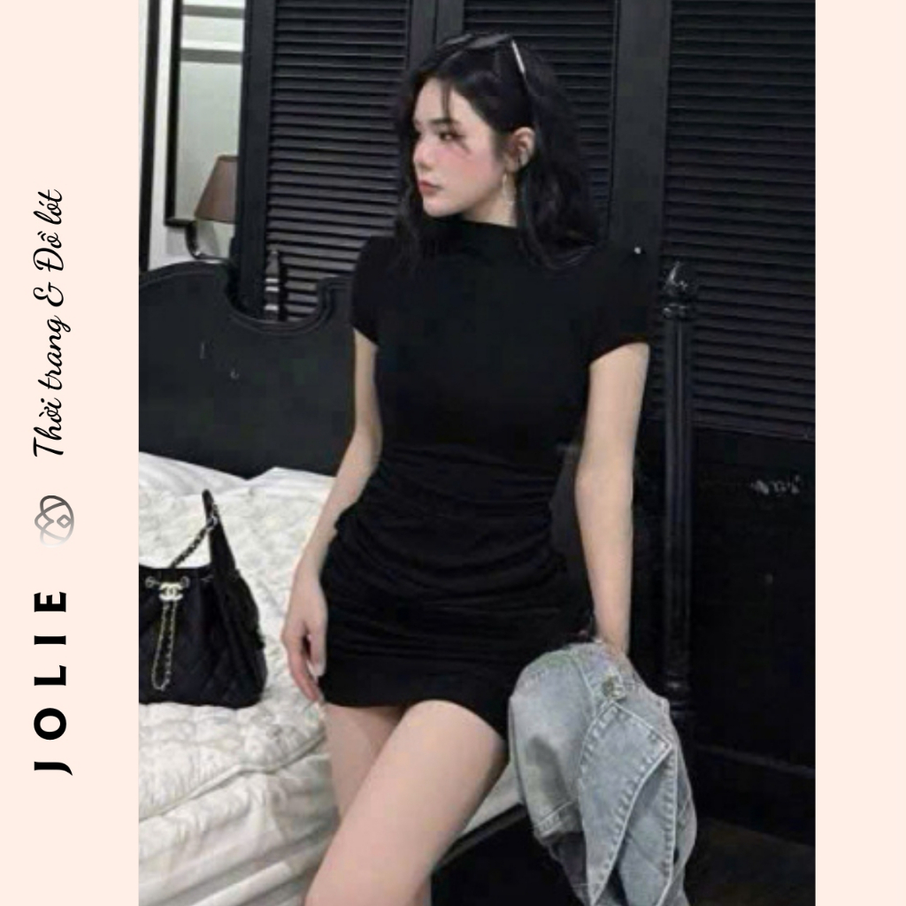 Váy bodycon xếp ly thun gân cổ cao
