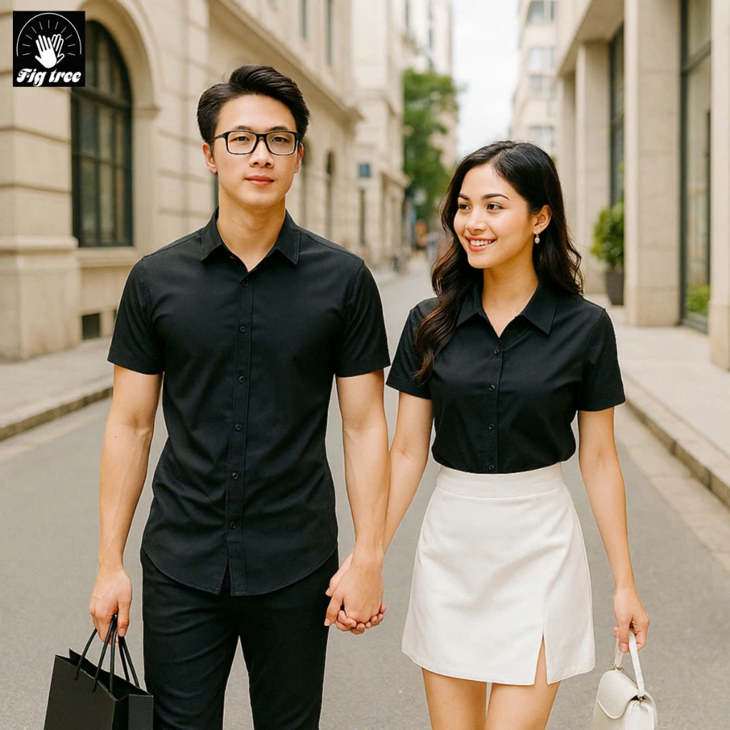 Áo Sơ Mi Cặp Đôi Nam Nữ, Đồng Phục Fig Tree Màu Đen Tay Ngắn, Chất Cotton Trơn size 40-90kg