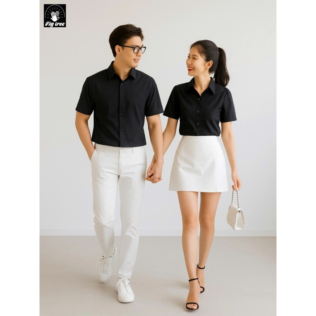 Áo Sơ Mi Cặp Đôi Nam Nữ, Đồng Phục Fig Tree Màu Đen Tay Ngắn, Chất Cotton Trơn size 40-90kg