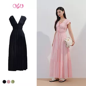 Đầm OLV kiểu tơ maxi xếp ly buộc nơ chiết eo Rue phù hợp đi biển du lịch