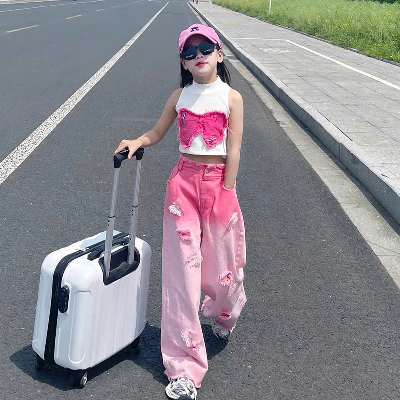 Set đồ jean bé gái cá tính  Áo croptop sát nách phối nơ  quần jean suông ống rộng rách loang thời trang,cho mẹ và bé gái
