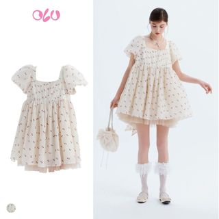 Đầm babydoll OLV ngắn tay bồng cổ vuông họa tiết nơ dễ thương Willis phù hợp đi chơi