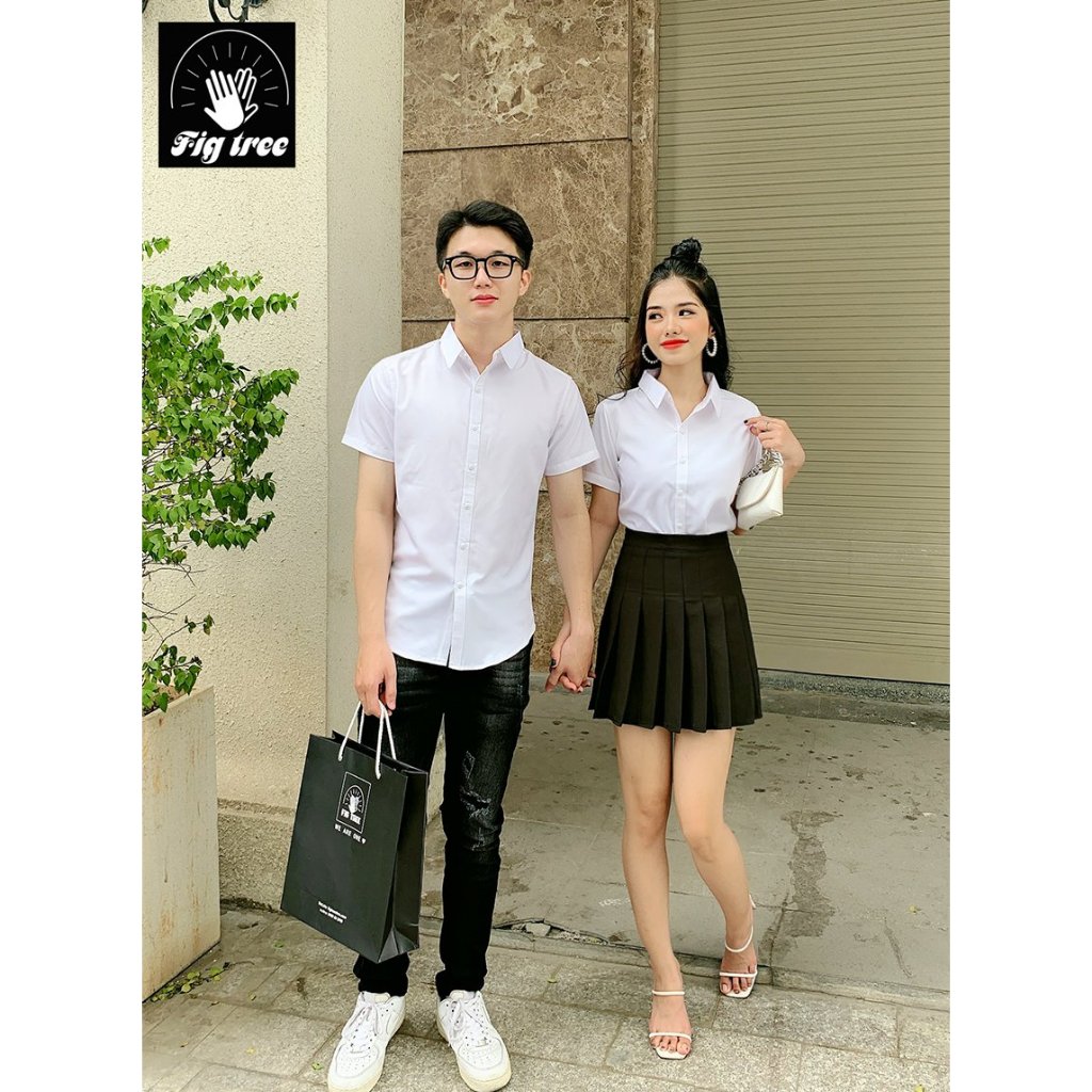 Áo Sơ Mi Đôi Nam Nữ, Đồng Phục Sơ Mi Fig Tree Ngắn Tay Màu Trắng Tinh Khôi, Có size đến 90kg