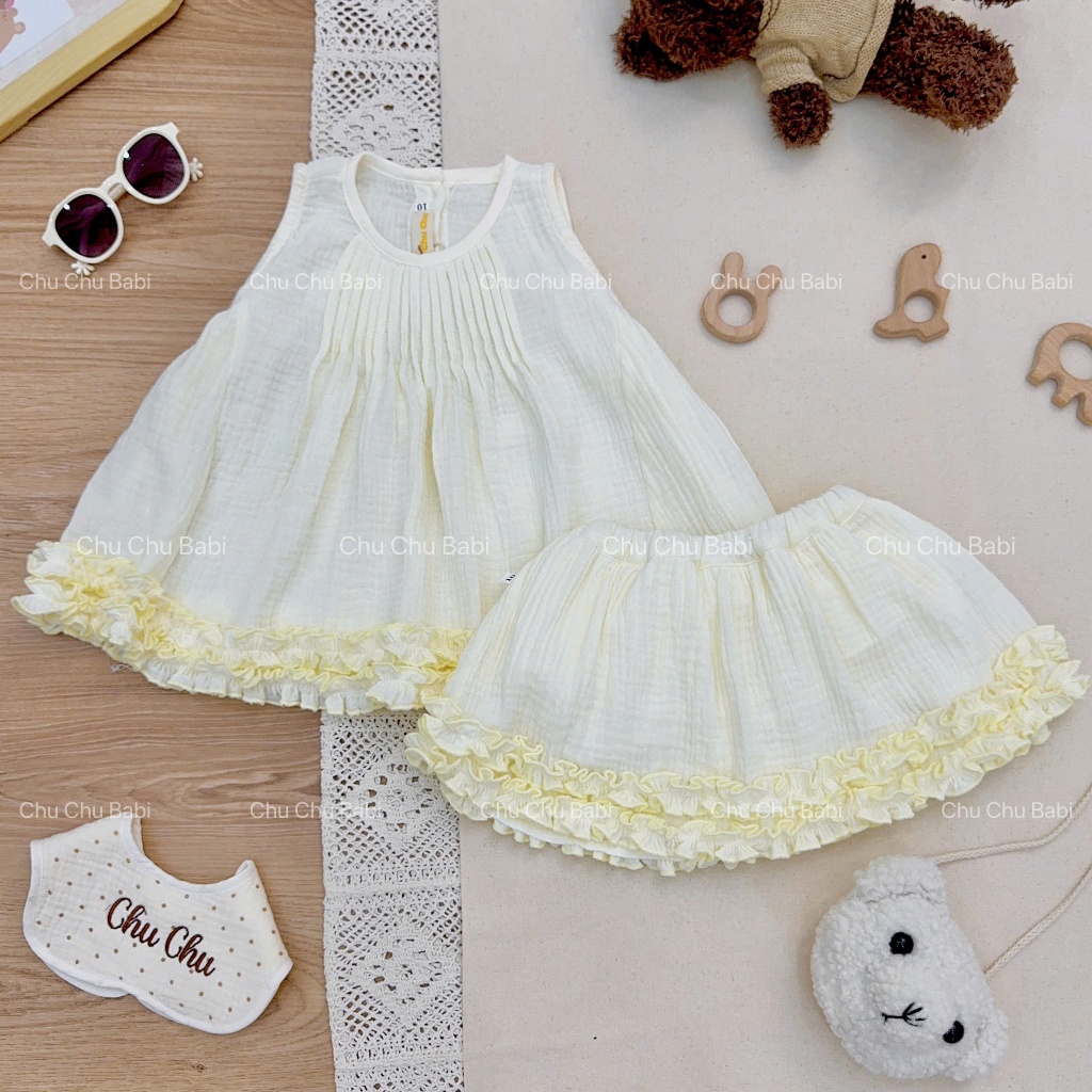 Set bộ áo sát nách, bèo xòe dễ thương cho bé gái vải Xô Muslin 2 lớp, thâm hút mồ hôi - Chu Chu Babi