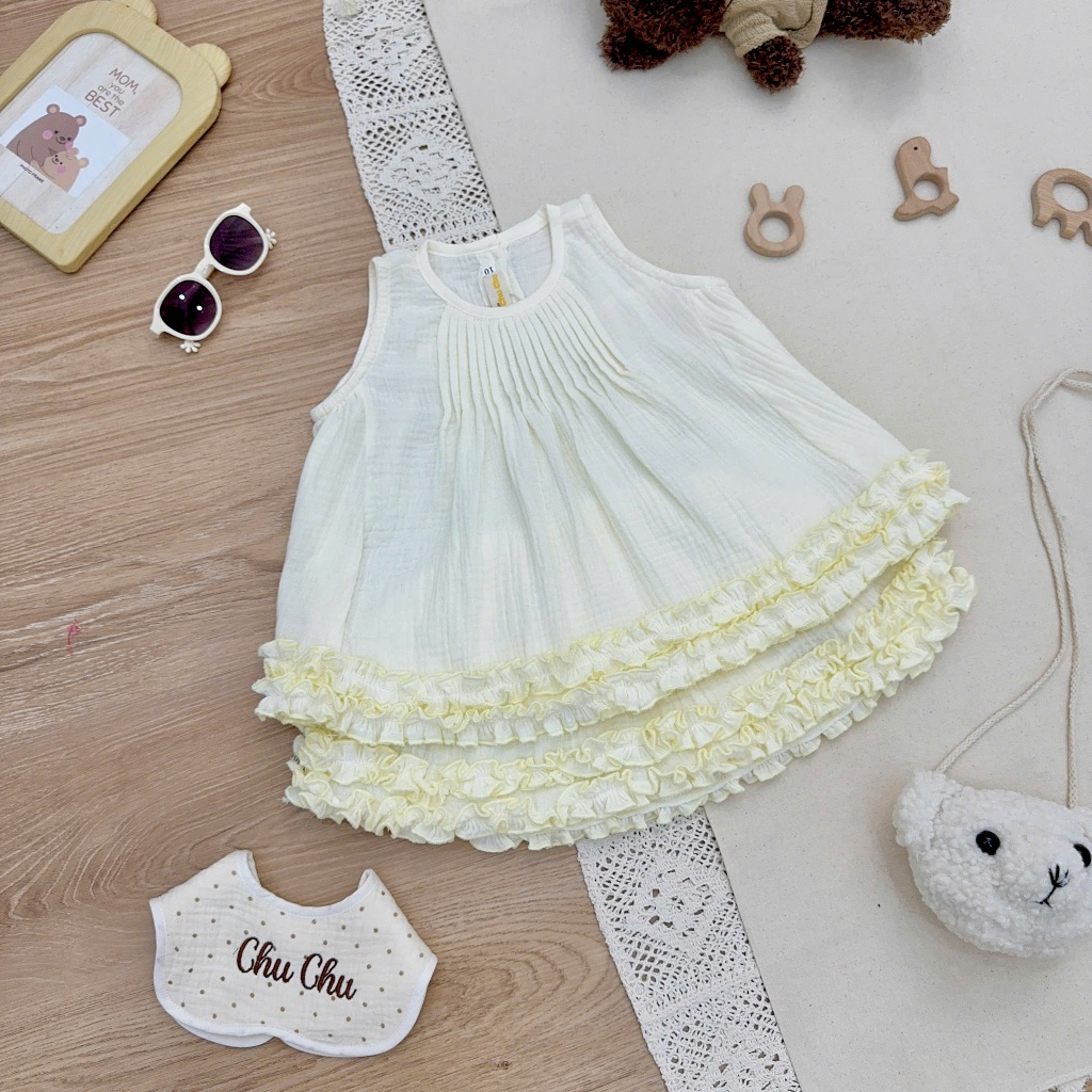 Set bộ áo sát nách, bèo xòe dễ thương cho bé gái vải Xô Muslin 2 lớp, thâm hút mồ hôi - Chu Chu Babi