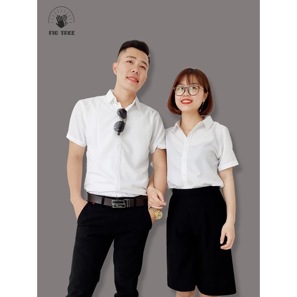 Áo Sơ Mi Đôi Nam Nữ, Đồng Phục Sơ Mi Fig Tree Ngắn Tay Màu Trắng Tinh Khôi, Có size đến 90kg