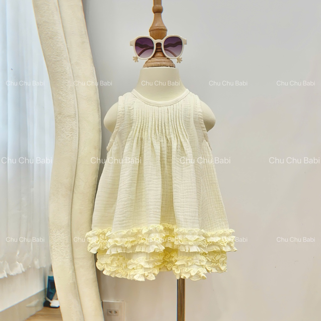 Set bộ áo sát nách, bèo xòe dễ thương cho bé gái vải Xô Muslin 2 lớp, thâm hút mồ hôi - Chu Chu Babi