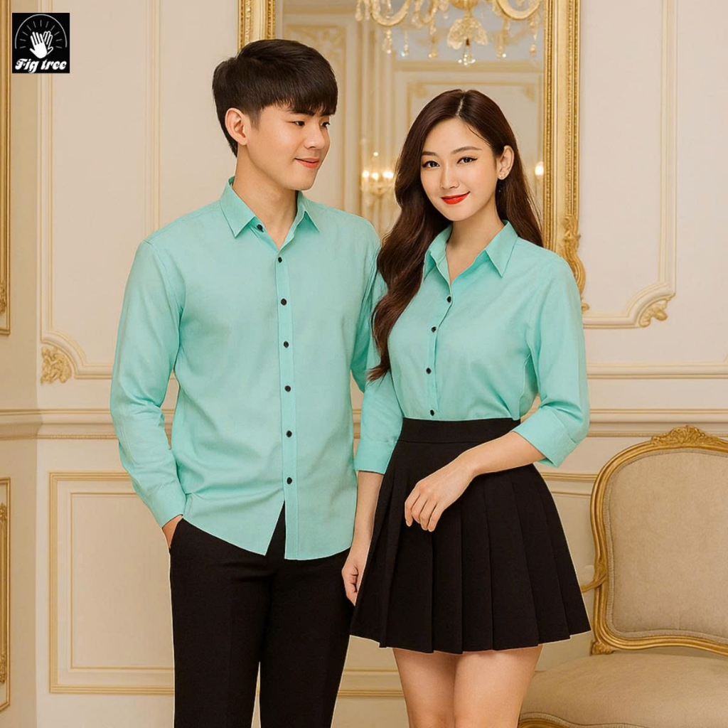 Set Áo Sơ Mi Đôi Nam Nữ Fig Tree Màu Xanh Bạc Hà Nhẹ Nhàng ( có bigsize đến 110kg)