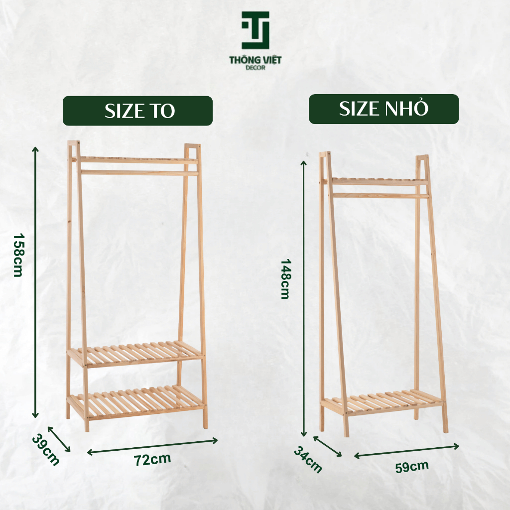 Kệ Gỗ Vát Treo Quần Áo, Tủ Giá Treo Đồ  2 Tầng Gỗ Thông Tự Nhiên Trang Trí Chống Mối Mọt Chịu Lực Tốt