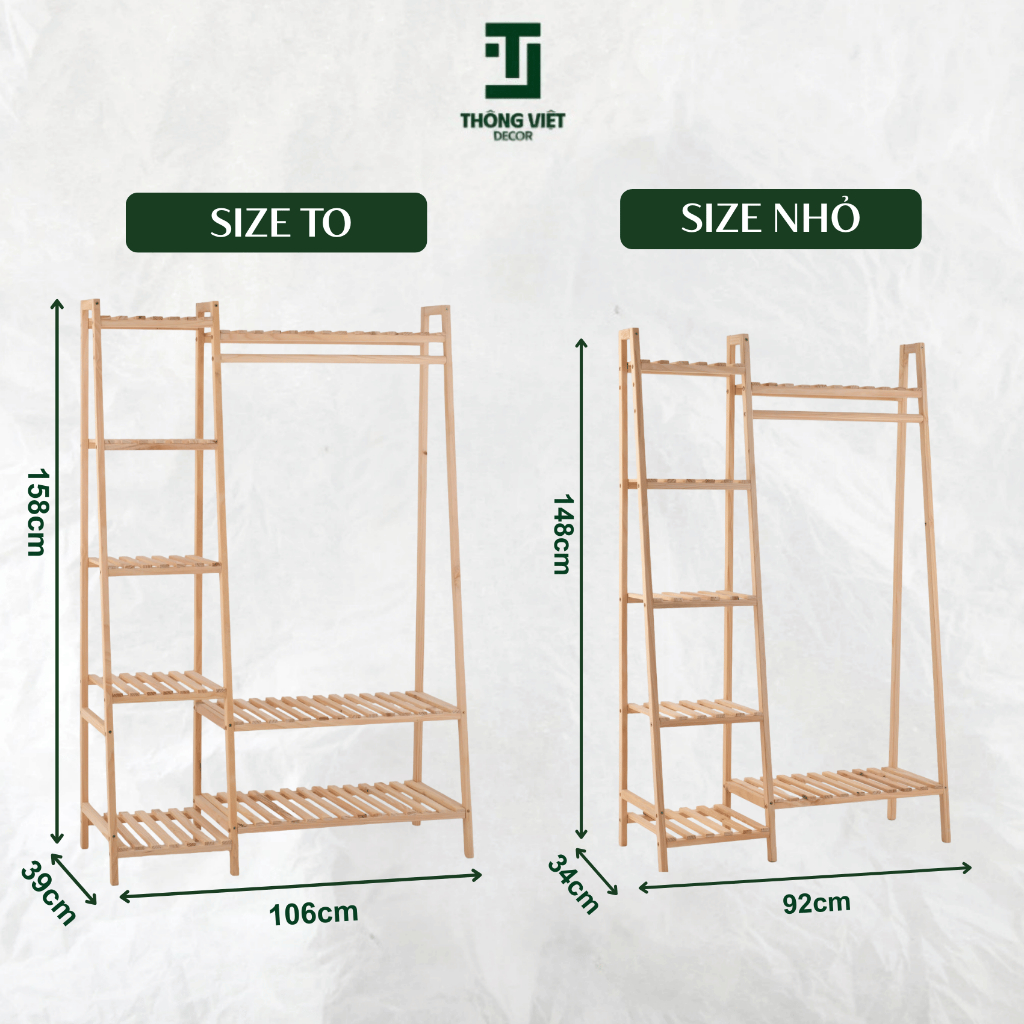 Kệ Chéo Treo Quần Áo, Tủ Treo Đồ, Giá Treo Quần Áo Gỗ Thông Nhập Khẩu 2 Khoang Size Lớn Nhỏ