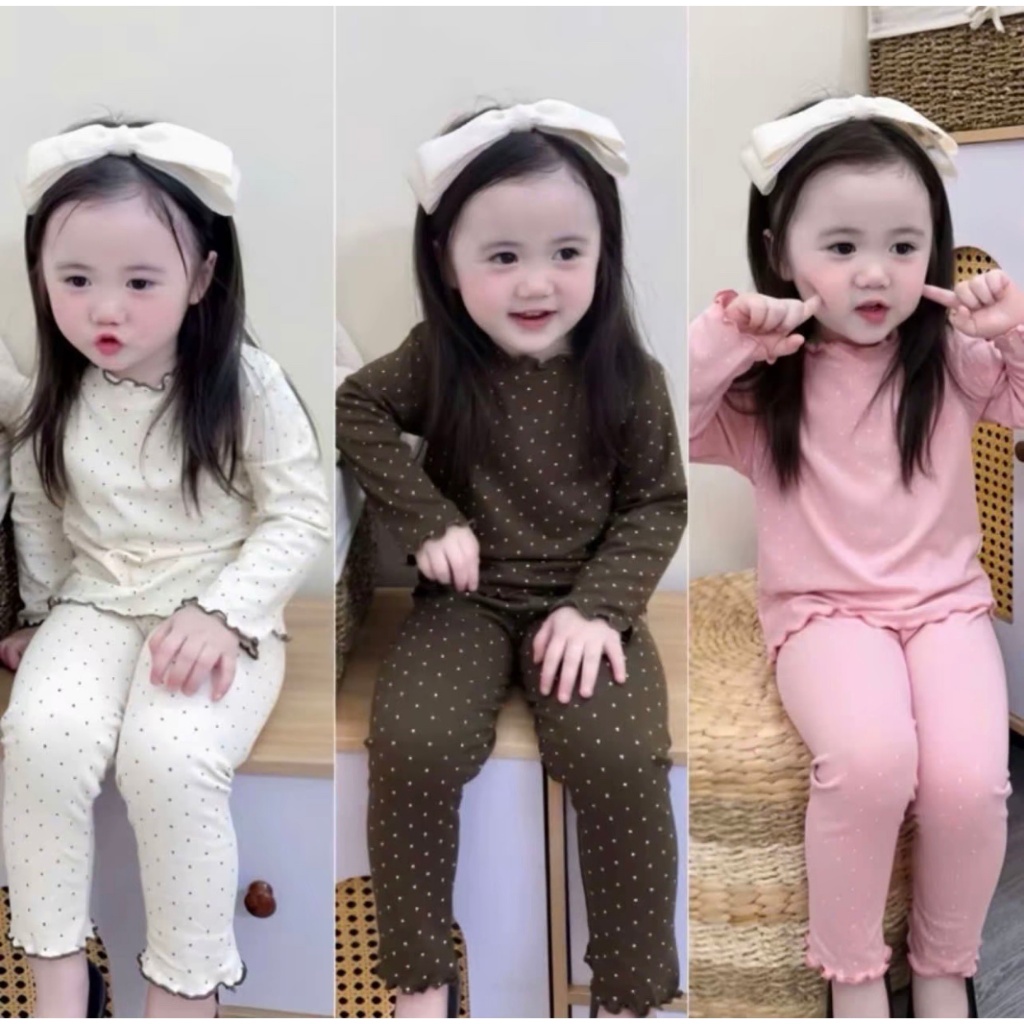 Sét Bộ Thu Đông Bé Gái Chất Liệu Tăm (  HỌA TIẾT CHẤM BI BEGI HỒNG NÂU) MỀM MỊN size 9-32kg