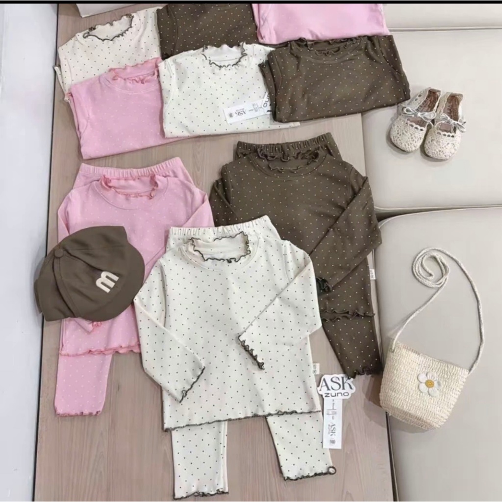Sét Bộ Thu Đông Bé Gái Chất Liệu Tăm (  HỌA TIẾT CHẤM BI BEGI HỒNG NÂU) MỀM MỊN size 9-32kg