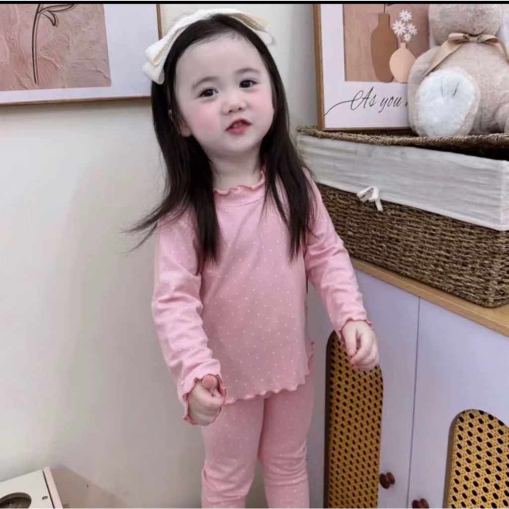 Sét Bộ Thu Đông Bé Gái Chất Liệu Tăm (  HỌA TIẾT CHẤM BI BEGI HỒNG NÂU) MỀM MỊN size 9-32kg