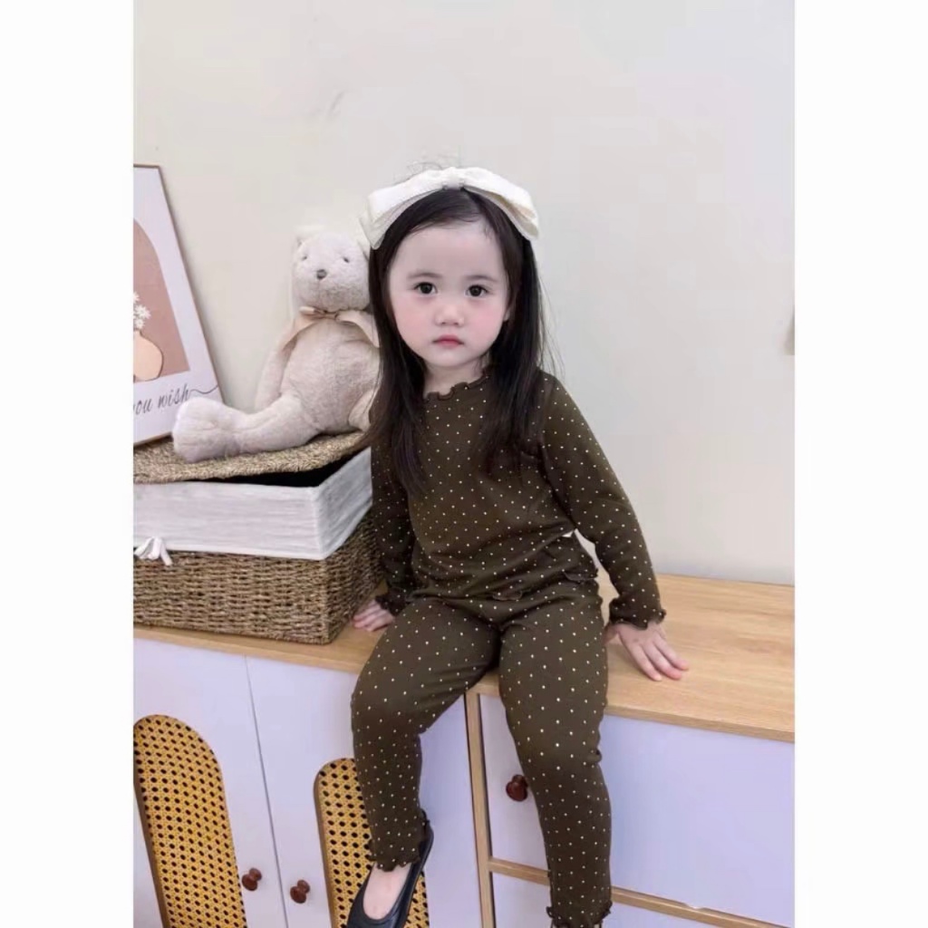 Sét Bộ Thu Đông Bé Gái Chất Liệu Tăm (  HỌA TIẾT CHẤM BI BEGI HỒNG NÂU) MỀM MỊN size 9-32kg