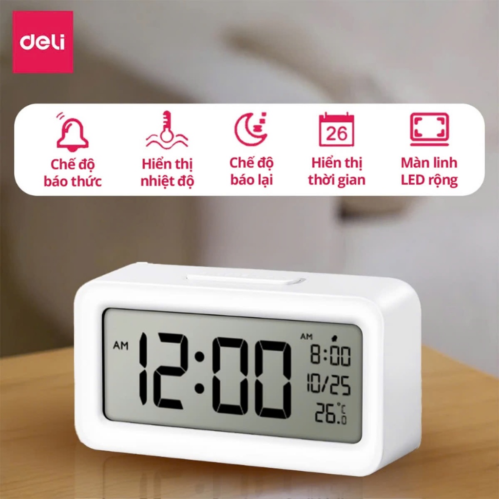 [KÈM PIN THAY THẾ] Đồng Hồ LED DECOR Để Bàn Báo Thức DELI màn hình LCD cao cấp đo nhiệt độ, báo thức, ngày giờ