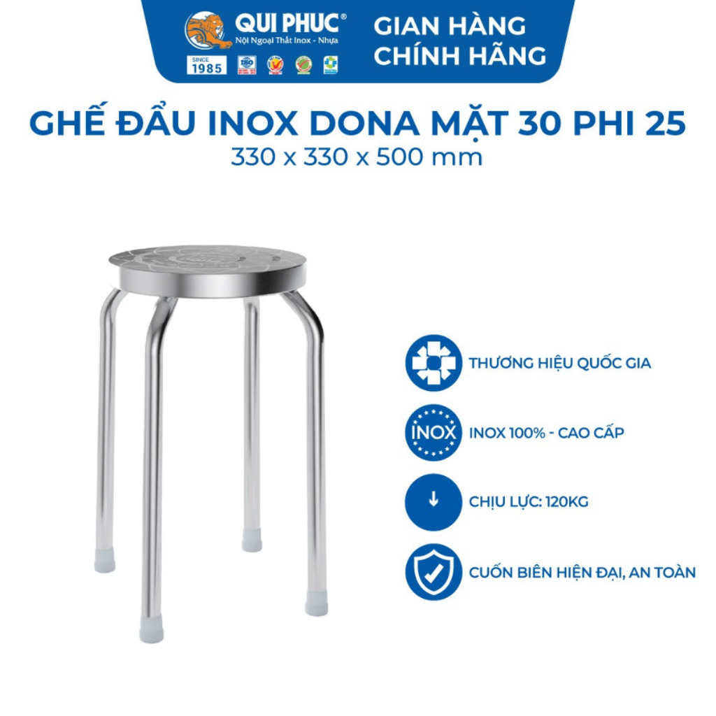 [FREESHIP] Ghế inox đẩu Dona QUI PHÚC, combo 10 ghế, an toàn, tiện lợi, inox cao cấp, sáng bóng, chịu lực tốt 120kg