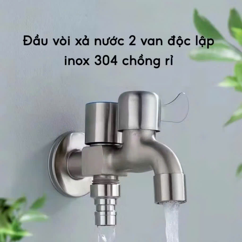 Vòi nước inox 304 2 đầu ra – Chia nước cho máy giặt, 2 cổng xả riêng biệt, chống gỉ bền lâu