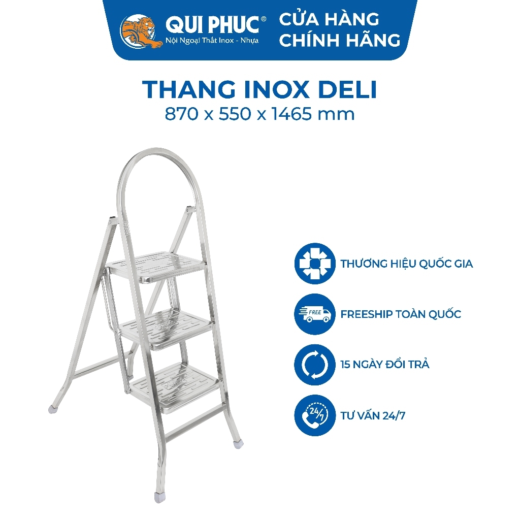 [FREESHIP] Thang gấp gọn Deli QUI PHÚC, inox cao cấp, không gỉ, chịu lực tốt, an toàn, chân chống trượt