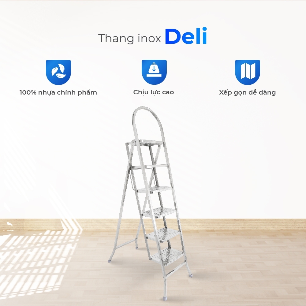 [FREESHIP] Thang gấp gọn Deli QUI PHÚC, inox cao cấp, không gỉ, chịu lực tốt, an toàn, chân chống trượt