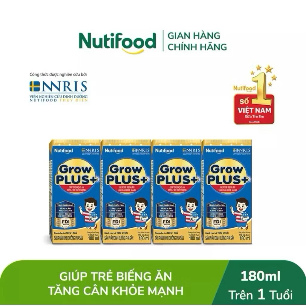 Thùng 48 Hộp Sữa Bột Pha Sẵn Nutifood GrowPLUS+ Xanh Biếng Ăn - 180ml [Trên 1 Tuổi]