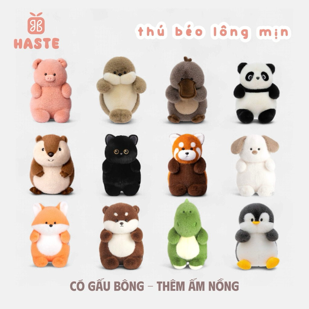 Gấu Thú Bông Lông Mịn Vịt Heo Voi Hải Cẩu Rái Cá Rồng Sóc Cáo Mèo Chó Cánh Cụt Red Panda Béo Ú Lông Xù Mềm Mịn Dễ Thương