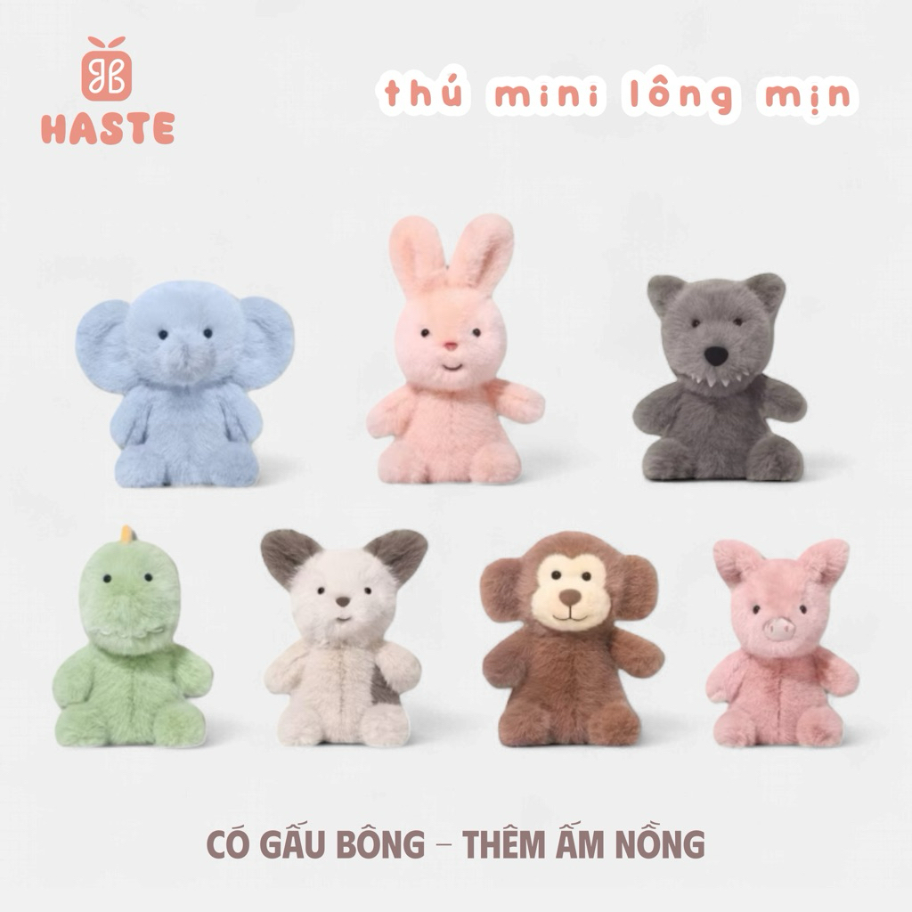 Gấu Thú Bông Mini Animal Động Vật Thú Tiny Lông Xù Siêu Mềm Mịn Dễ Thương Thỏ Heo Voi Khỉ Sói Khủng Long Cún Puppy Chó